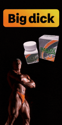 Bodybuilder with Tadalafil pills, text "Big dick".