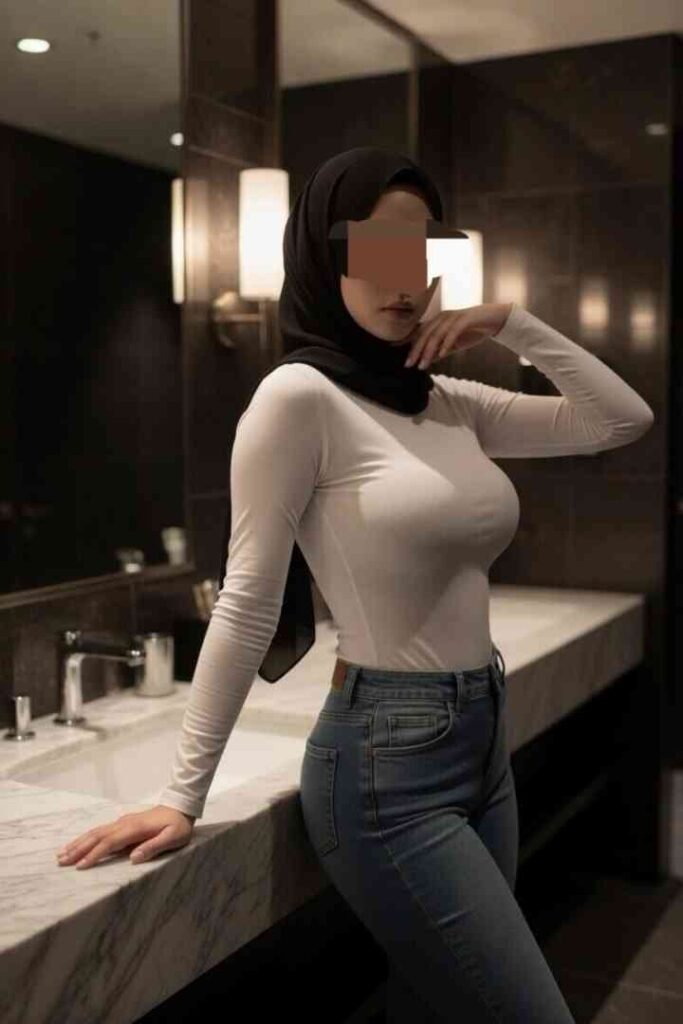 Woman in hijab and tight white top leans on bathroom counter.