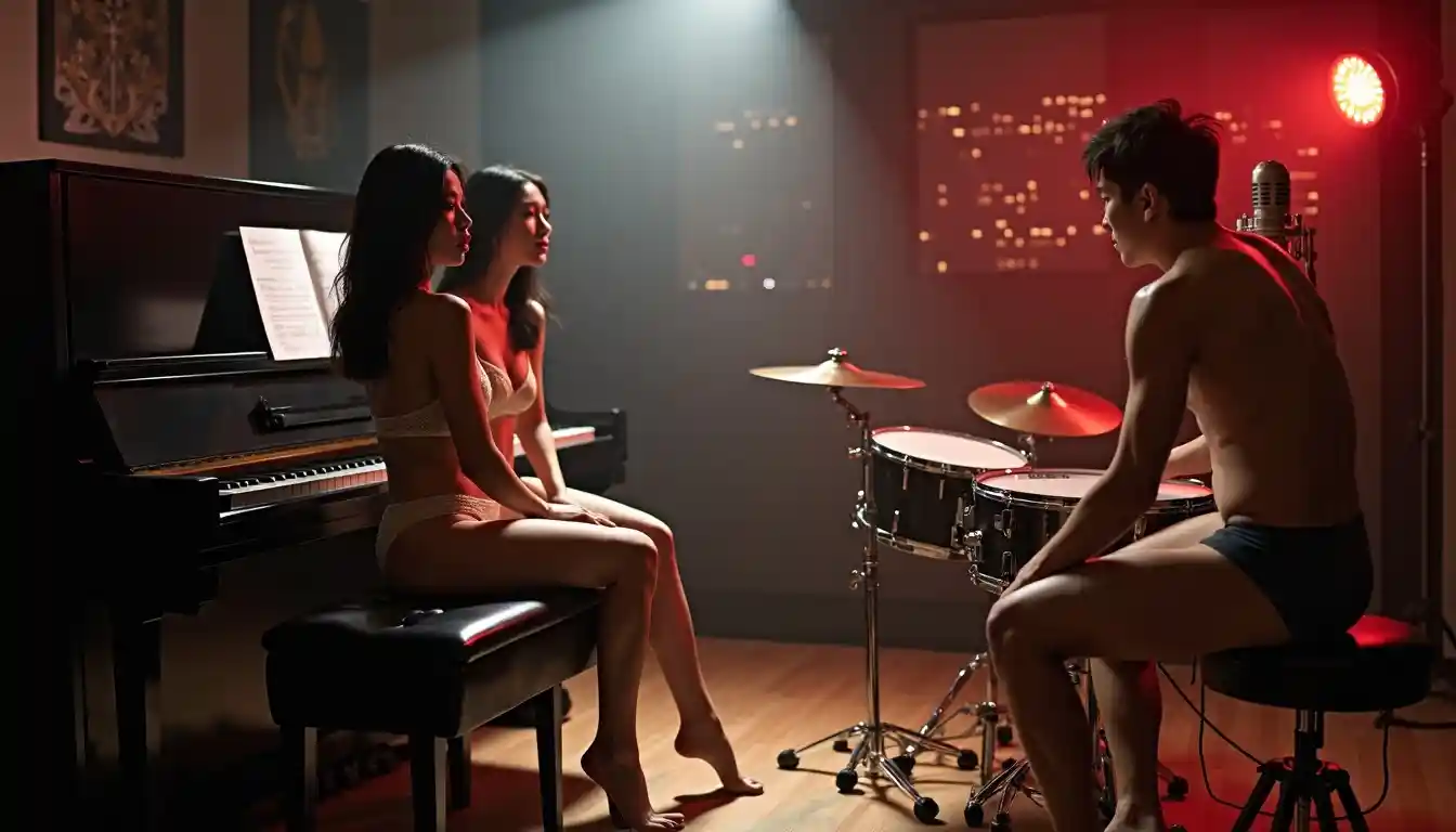 Two women in lingerie sit by a piano while a man plays drums in a dimly lit room.