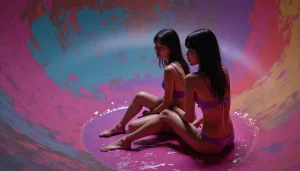 Two young women in purple bikinis sit in a colorful, abstract, bowl-like space.