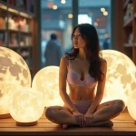 Woman in lingerie sits cross-legged among glowing moon-shaped lamps.