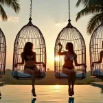 Four women in bikinis relax in hanging chairs by an infinity pool at sunset.