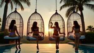 Four women in bikinis relax in hanging chairs by an infinity pool at sunset.