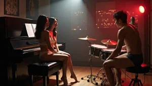 Two women in lingerie sit by a piano while a man plays drums in a dimly lit room.