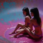 Two young women in purple bikinis sit in a colorful, abstract, bowl-like space.